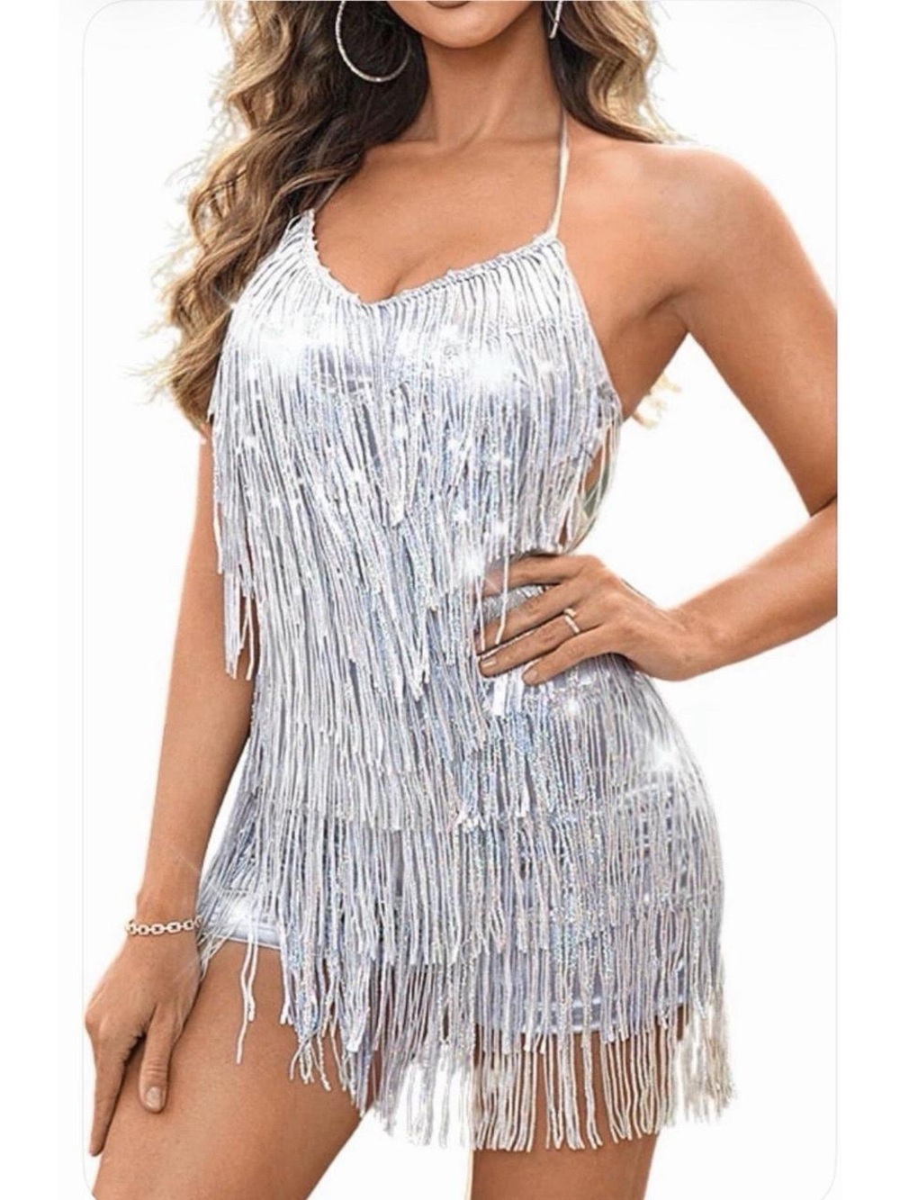 AKIRA Silver Holographic Fringe Sequin Flapper Fully Lined Romper